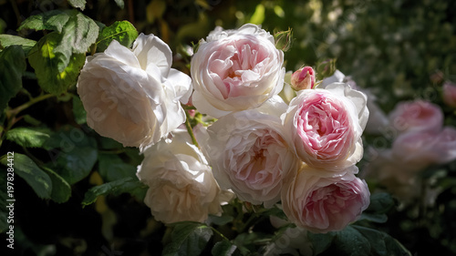 Cluster of white and pink garden roses blooming in nature with green foliage, capturing summer beauty and romance