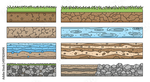 Set of geological cross-sections showing different layers of soil, grass, fresh water, and rock in various terrains.