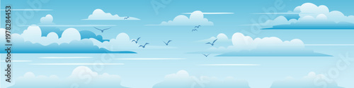 Vector drawing of sky with white clouds, bird flock, cartoon illustration, natural background