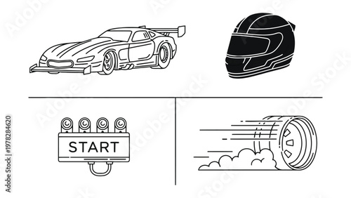 Racing Components: A graphic arrangement showcases elements synonymous with racing: a sleek race car, a protective helmet, a START indicator, and a tire creating a cloud of smoke.
