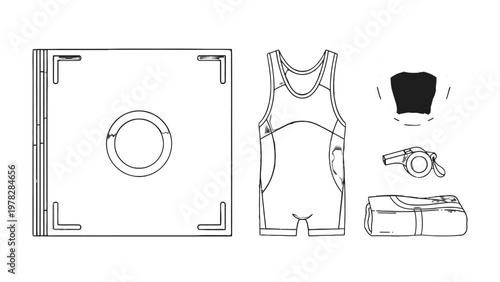 Wrestling Gear Essentials: This image showcases essential equipment for wrestling, including the wrestling mat, singlet, ear guard, whistle, and sports bag, all meticulously arranged.