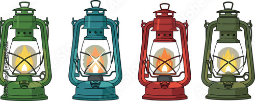 Vintage lantern vector set featuring colorful kerosene oil lamps with glowing flame isolated retro camping light illustration collection
