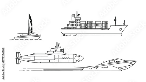 Marine Transport Assortment: A diverse collection of vessels, a sailboat, a cargo ship, a submarine, and a speedboat, are shown against a minimalistic setting.