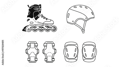 Rollerblading Safety Gear: A set of inline skates, protective helmet, elbow pads, and knee pads displayed neatly, illustrating essential equipment for rollerblading.