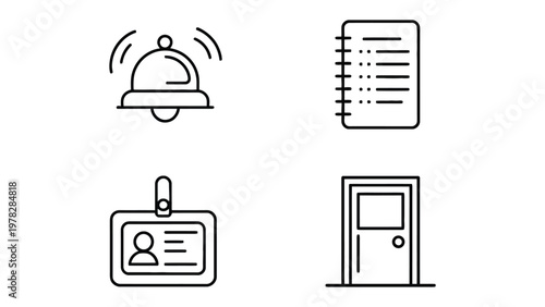 Office Essentials: An illustrative collection of essential office items, from a ringing bell to a security pass, captures the essence of a workspace. 