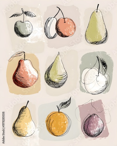 Vintage botanical fruit doodle pattern, ink sketch style, subtle texture, seamless repeat, neutral tones.