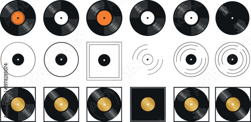Vinyl record collection vector set featuring retro music discs with different labels covers and rotation motion icons isolated on white background