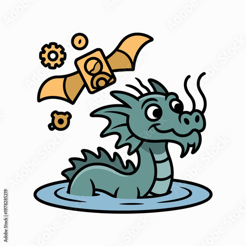 A cartoon teal dragon sitting in water with a flying golden robotic arm and gears floating above it conveying a sense of imagination and innovation in a whimsical scene