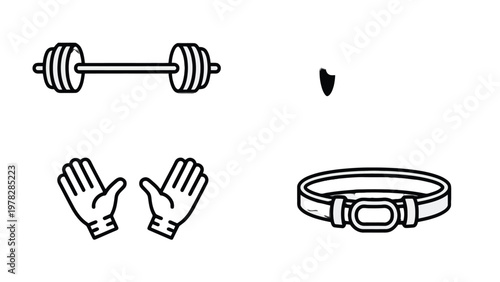 Workout Gear Essentials: A minimalist depiction of crucial workout accessories including a barbell, a weight belt, and a pair of workout gloves
