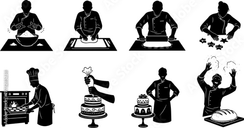 Baking and Pastry Silhouette Icons Collection, Dough Kneading, Rolling Pin, Cookie Cutting, Cake Decorating, Oven Cooking, Culinary Art Vector Illustration