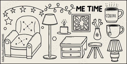 Hand drawn cozy interior elements hand drawn vector set. Relaxing home decor doodles collection with armchair and coffee isolated
