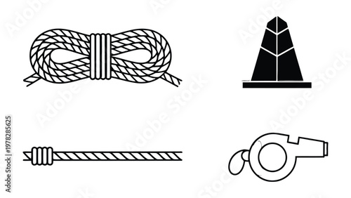 Essential Gear for Adventure: A collection of vital equipment, including a durable rope coil, a signal beacon, a sturdy rope, and a safety whistle.