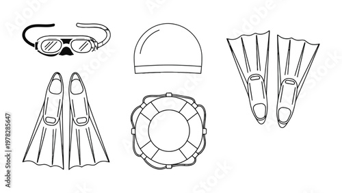Swimming Equipment Set: Outlined essential swimming tool. A neat arrangement of goggles, swimming cap, flipper, and lifebuoy, ready for an aquatic adventure.