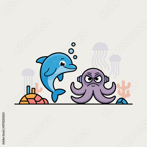 Cartoon dolphin and octopus interaction underwater with coral reef and jellyfish