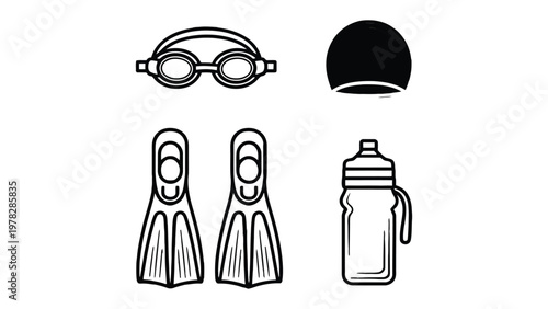 Swim Kit Essentials: A set of essential equipment, including goggles, a cap, flippers, and a water bottle, perfectly suited for a refreshing swim session.