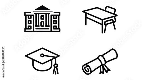 Education Icons: Set of symbolic illustrations associated with education and academia, representing a university, desk, graduation cap, and diploma, all drawn in a minimalist line art style. 