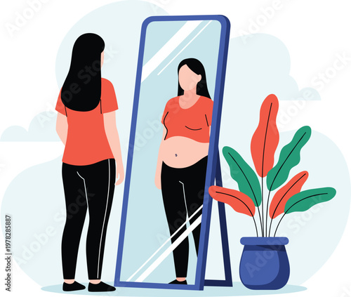 Flat vector illustration of a young woman looking at her body reflection in a full length mirror at home indoors.