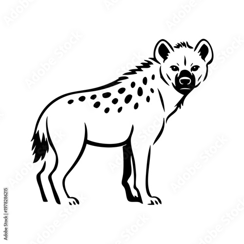 Dibujo sencillo con líneas de una hiena de pie vista de perfil	