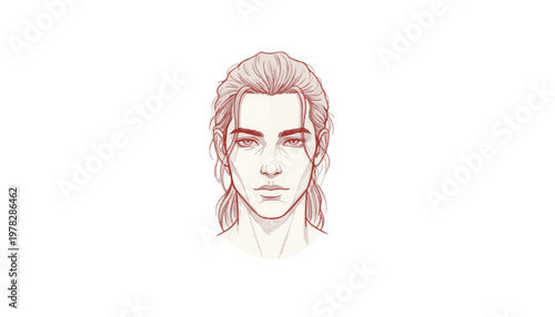 A red line drawing of a mans face with long hair