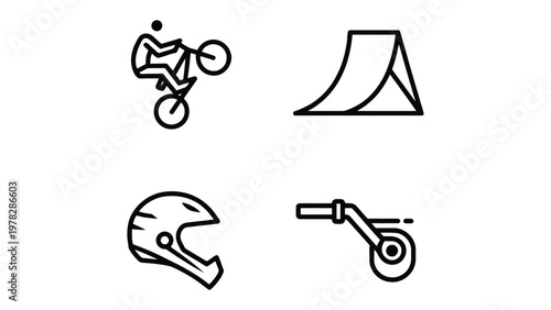 BMX icons set: This illustration shows stunt of sport icons which includes bmx rider jumping in the air, ramp, helmet, handlebar
