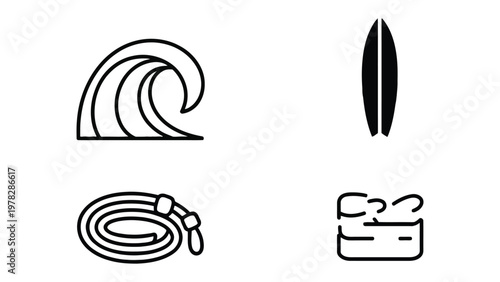 Surf Icons: Set of illustrated icons represents the essentials of surfing, with a wave, a surfboard, a garden hose, and a pair of soaps, ready for a surfing adventure.
