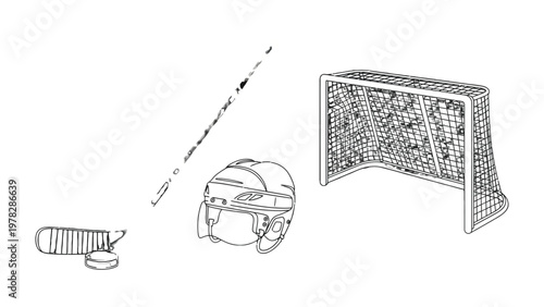 Hockey Gear Still Life: An artistic monochromatic depiction of hockey equipment, including a helmet, stick, puck and net, ready for the game.