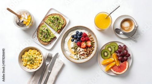 Delicious breakfast with fresh fruits and cereals.
