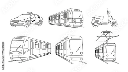 Urban Transportation Collection: A collection of various modes of urban transportation, meticulously illustrated, showcasing the diverse ways people move within a city.