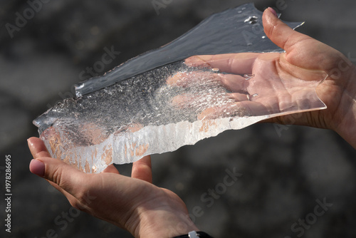 Close Up Of Hands Holding Clear Ice Sheet Against Natural Background Spring Theme