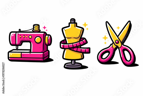 Vibrant cartoon illustration of sewing and fashion design tools including a sewing machine, mannequin, and scissors on a white background.
