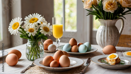 Festive table setup with eggs flowers and spring decor soft indoor lighting