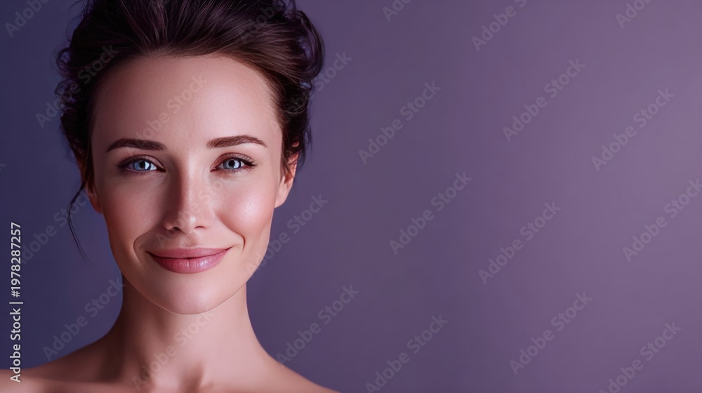Fototapeta premium Portrait of a smiling woman with natural beauty against a soft purple background showcasing elegance and confidence