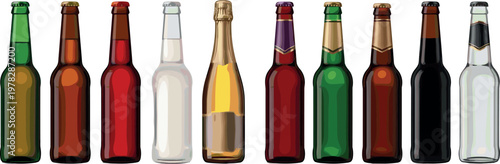 Glass bottle vector set featuring beer, soda and champagne bottles in various colors isolated beverage packaging illustration collection