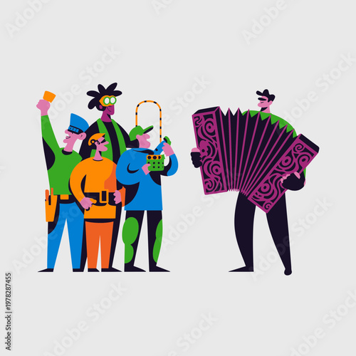 Vibrant street musicians performing lively music together outdoors with colorful outfits