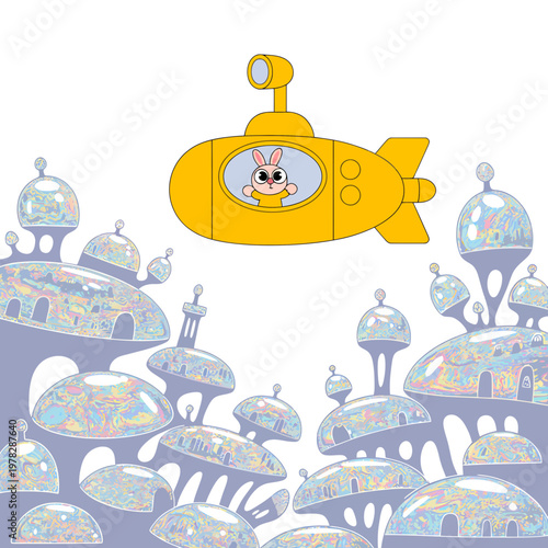 Yellow submarine with smiling face explores futuristic underwater cityscape with domed buildings