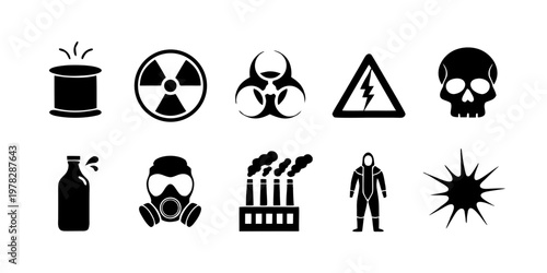 Hazard Nuclear Solid Black Vector Icon Set Radiation Safety Industrial Warning Collection