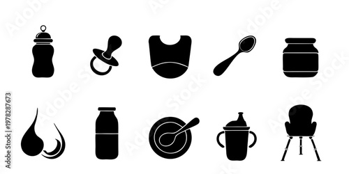 Baby Feeding Solid Black Vector Icon Set Bottle Pacifier Minimal Childcare Collection