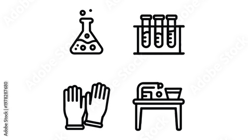 Science Icon Set: A collection of meticulously crafted, clean line icons, showcasing essential elements of scientific exploration, perfect for illustrating research, experimentation, and discovery.