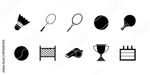 Sports Badminton Solid Black Vector Icon Set Shuttlecock Racket Minimal Game Collection