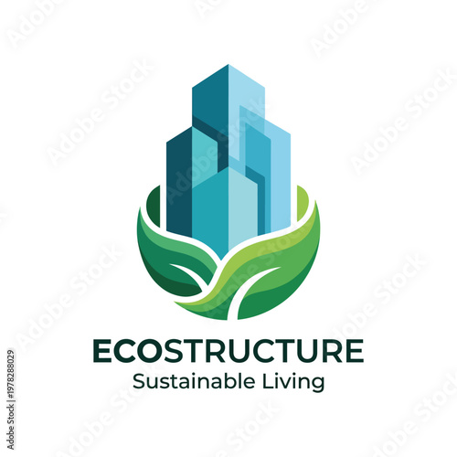 This image portrays a sustainable living concept, featuring modern buildings enclosed in a green leaf, symbolizing harmony between nature and urban development.