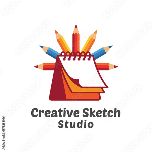 This vibrant logo for Creative Sketch Studio showcases colorful pencils and a sketchpad, embodying creativity and artistic expression in a playful manner for a design studio.