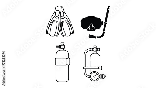 Dive Gear Essentials: A minimalist depiction of scuba diving equipment, including flippers, a diving mask and snorkel, and two types of oxygen tanks.