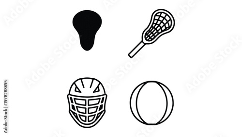Lacrosse Essentials: An abstract illustration, featuring a lacrosse stick and ball. A helmet and a seat. the illustration capture the essence of this high-energy sport.