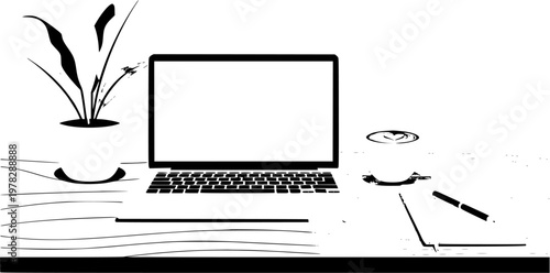 A minimalist illustration of a desk setup featuring a laptop, plant, and coffee, suitable for creative or productive themes