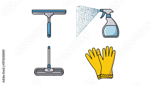 Cleaning Essentials Set: A comprehensive collection of essential tools for maintaining a spotless and hygienic environment. Featuring a window cleaner, a spray bottle, a mop and a pair of gloves.