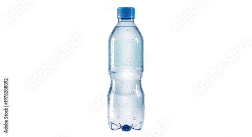 Plastic water bottle with blue cap and condensation droplets on clear body isolated on white background transparent background