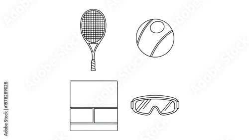 Tennis Essentials Outlined: A clean, minimalistic depiction of essential tennis gear and court elements against an uncluttered backdrop, emphasizing the tools of the game