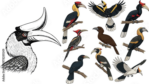 Hornbill bird vector set featuring detailed head illustration and multiple tropical hornbill species perched and flying wildlife collection