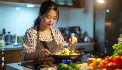 Wallpaper Mural A young woman cooking delicious food in the kitchen, focused on preparing a meal using a frying pan. Her expression shows she enjoys what she does Torontodigital.ca