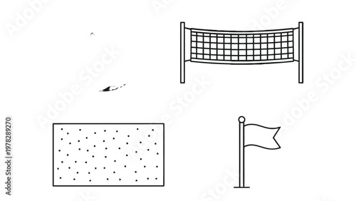 Volleyball Elements: This black-and-white graphic depicts essential volleyball elements for gameplay, ideal for conveying a sense of sport or recreation.